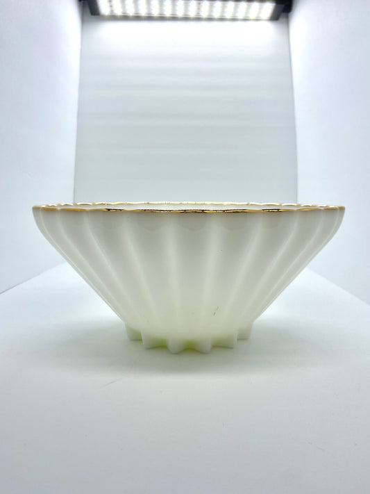 Vintage Large Milk Glass Shell Deep Bowl W/ Gold Rim