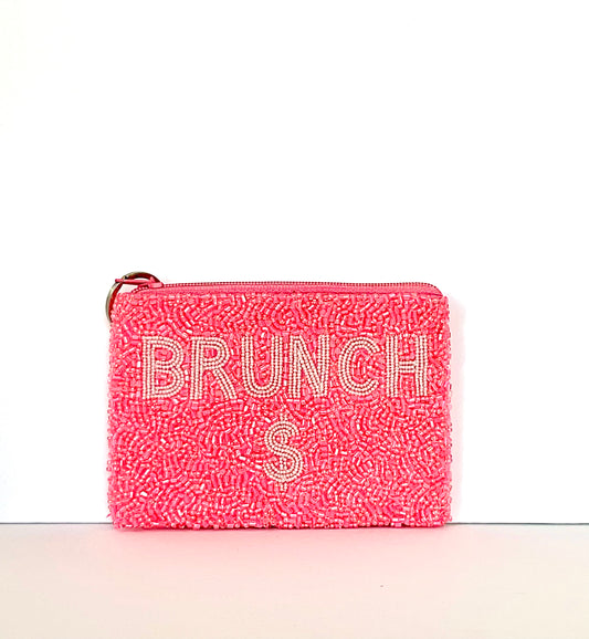 Handmade Beaded Coin Purse BRUNCH MONEY hot pink with pink lettering