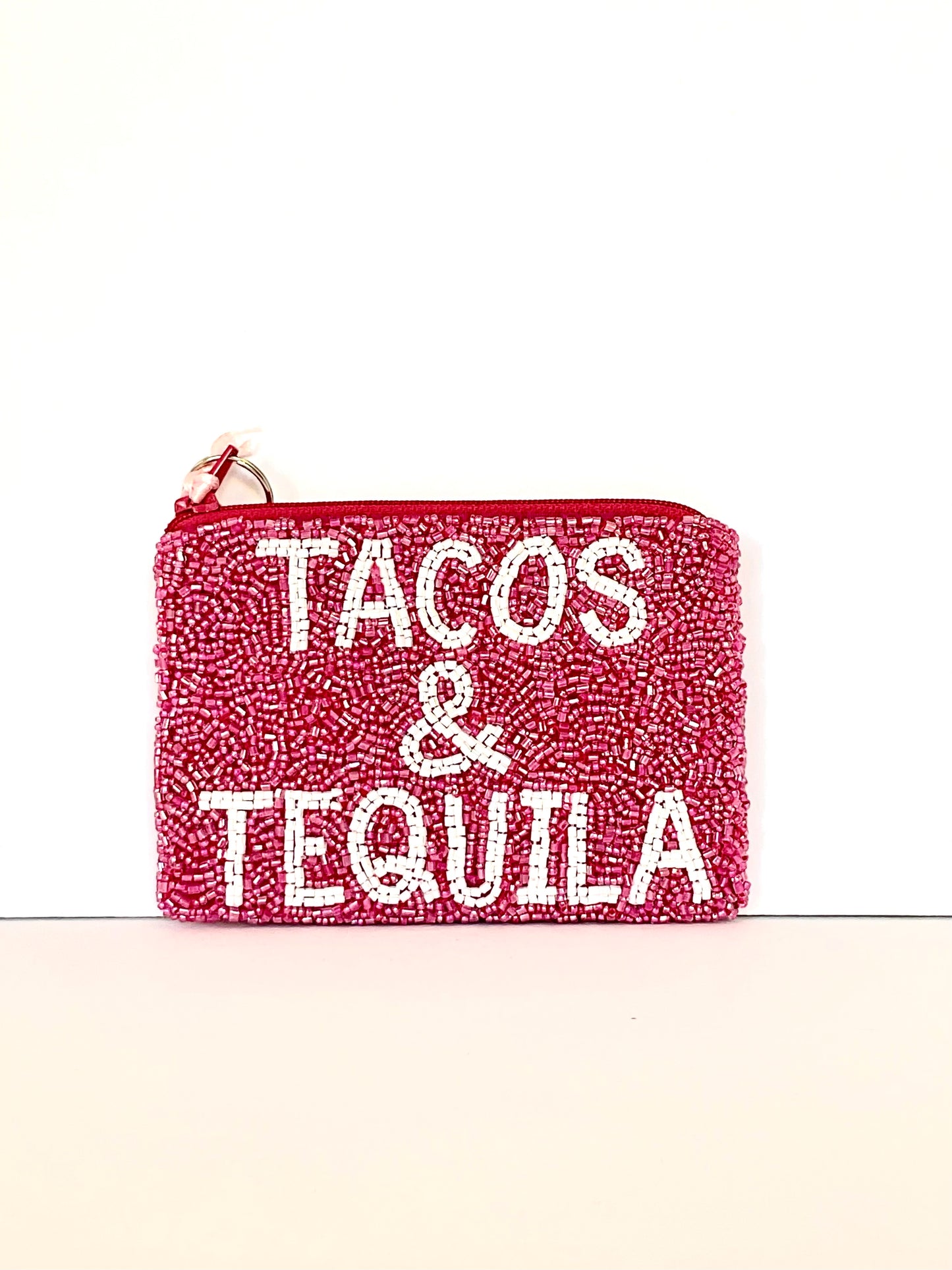 Handmade Beaded Coin Purse TACOS & TEQUILA Fuschia with white lettering