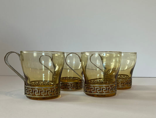 Vintage Libbey Cups, Greek Key Amber Gold Metal Holders, Set of 4