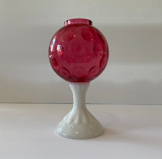 Vintage Fenton Cranberry and Milk Glass Coin Dot Pedestal Ivy Ball Vase