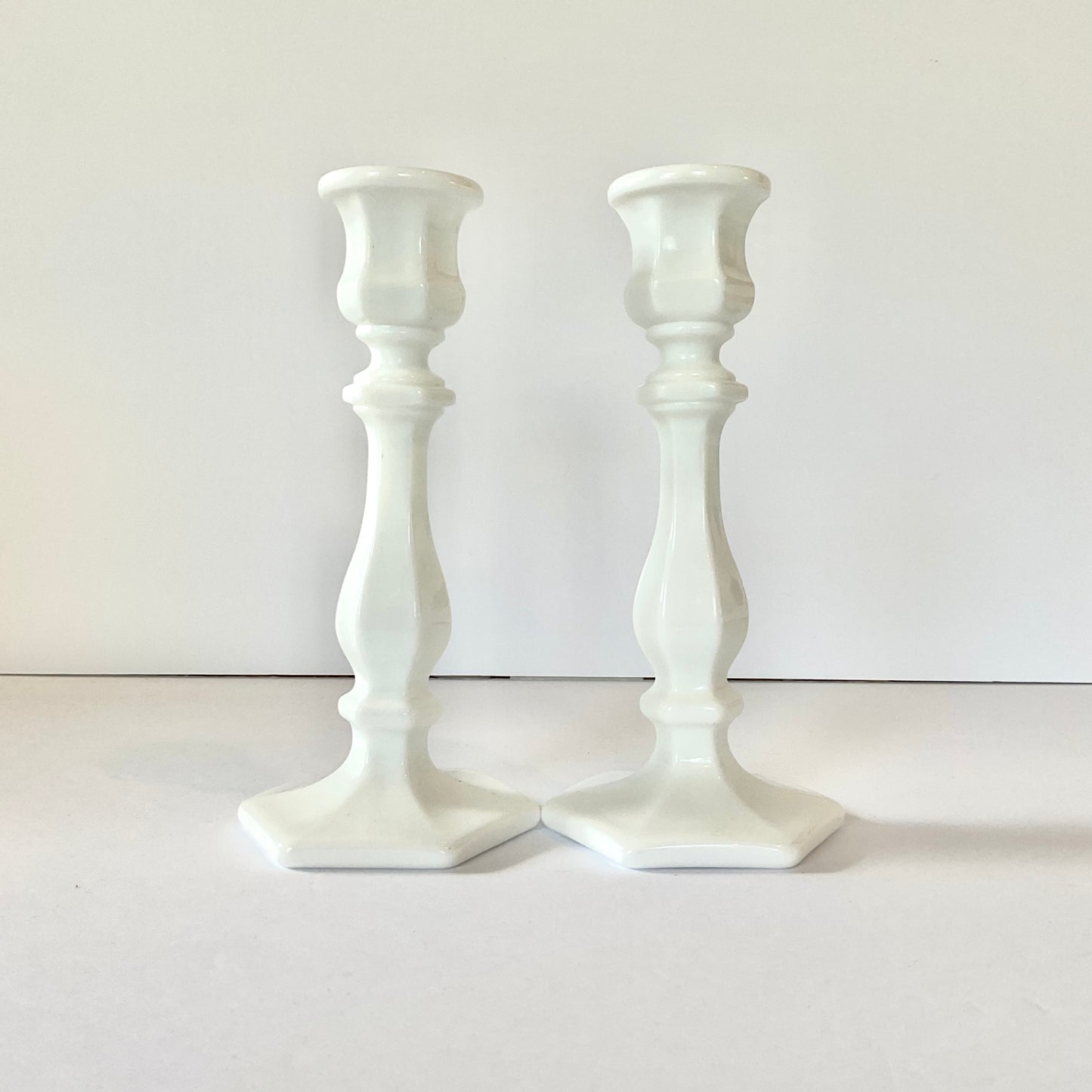 Pair of Mosser Glass 7 1/2" Candlesticks in Milk