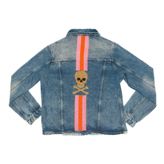 Skull Head W/ Pink & Orange Stripe Denim Jacket