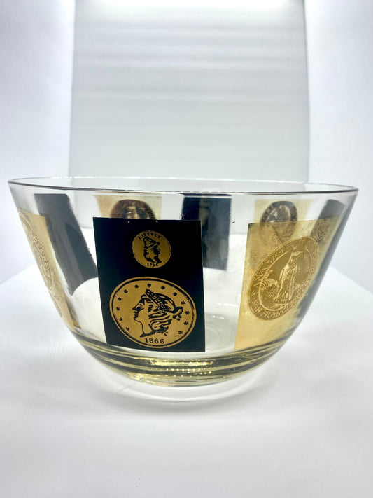 Mid Century Large Bowl With Black And Gold Coins
