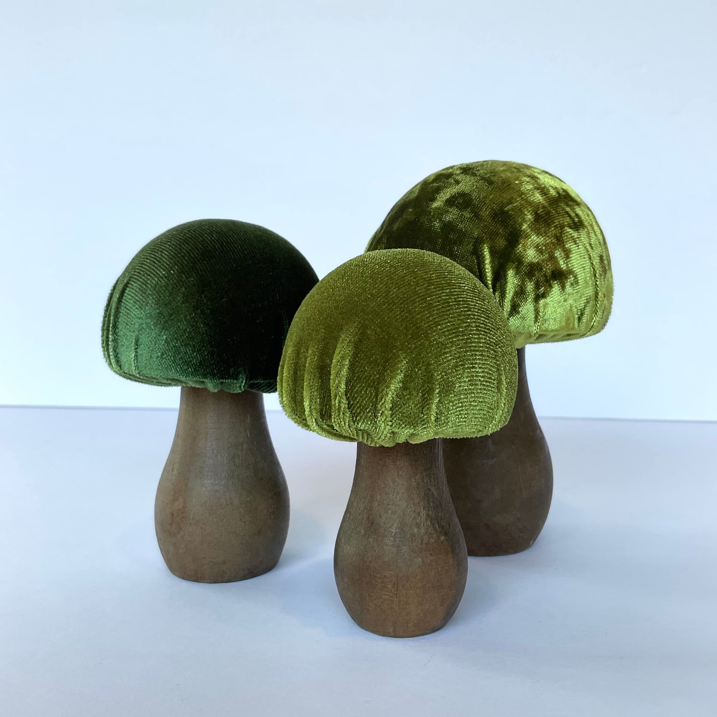 Set of 3 Handmade Velvet Mushrooms, Green
