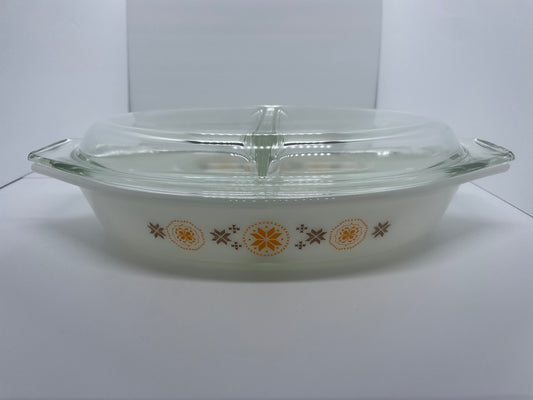 Vintage Pyrex Town and Country Divided Oval Casserole Dish W/ Lid