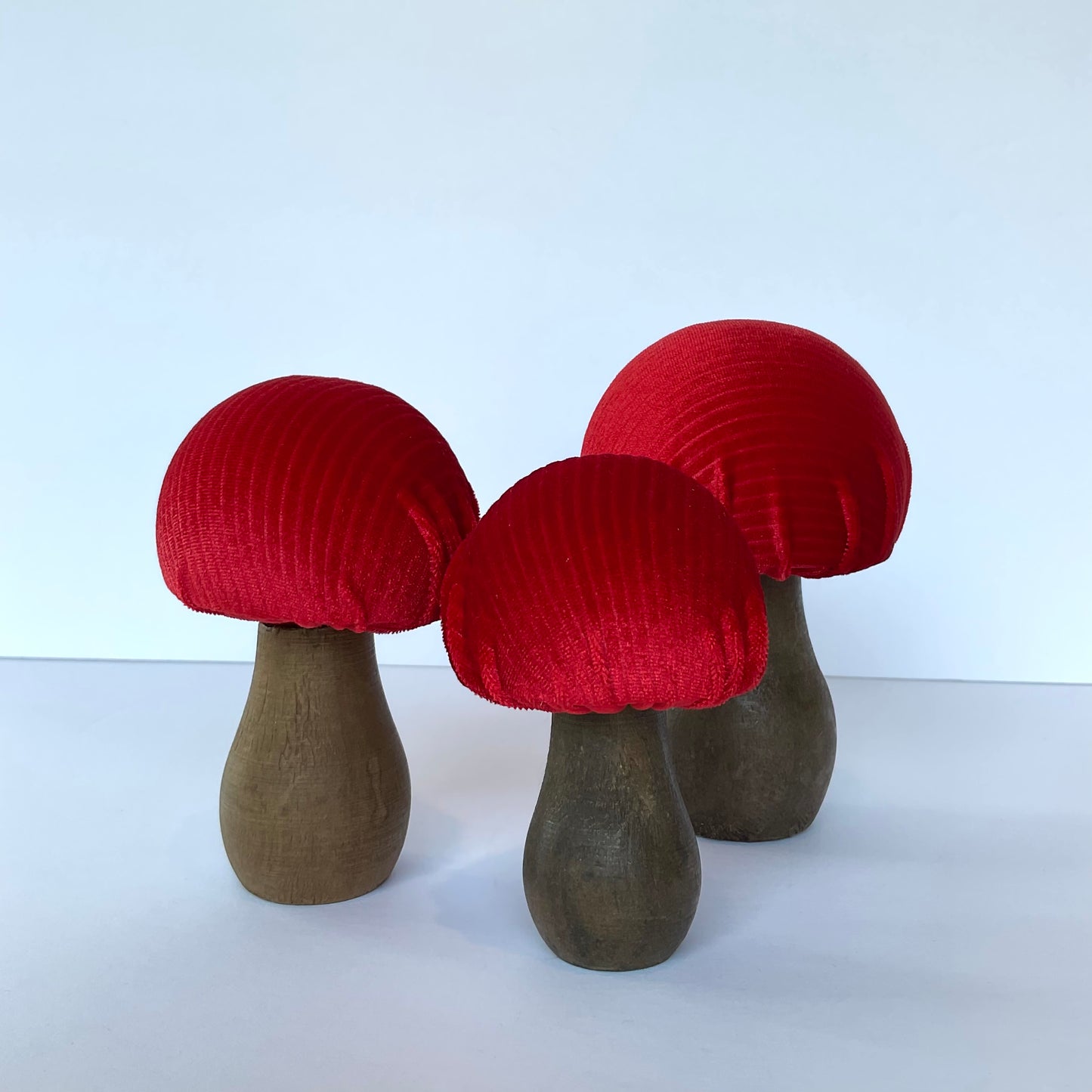 Set of 3 Handmade Velvet Mushrooms, Crimson