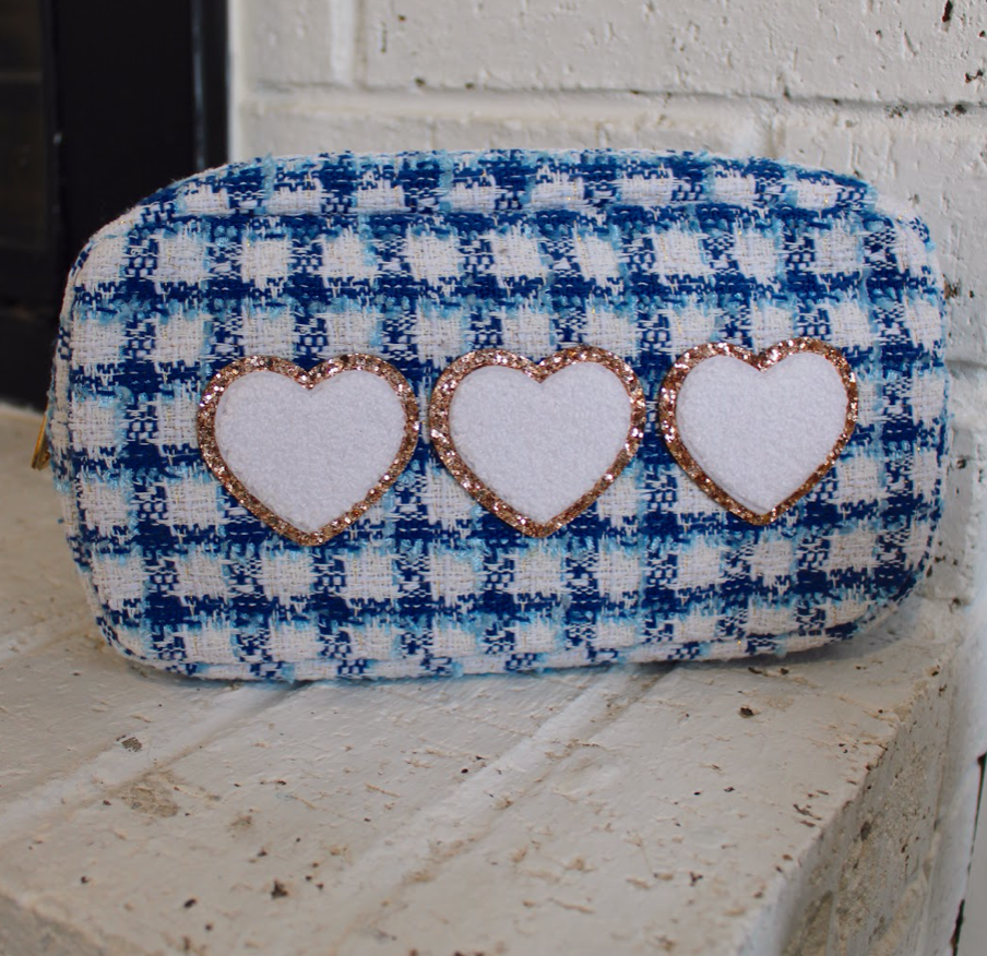 White Hearts Medium Royal Blue Plaid Pouch