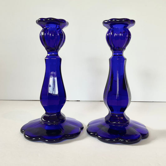 Pair of Mosser Glass 8" Candlesticks in Cobalt