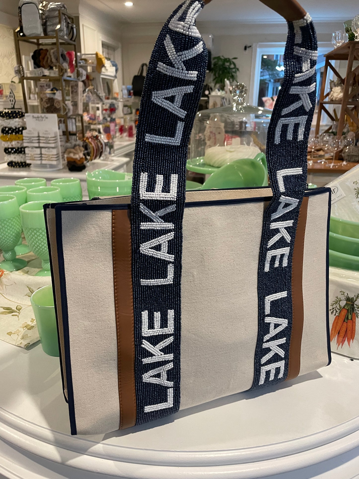 Custom Beaded Lake Canvas Bag - Navy