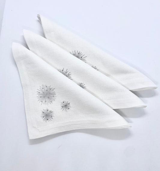Starburst Napkin With Embroidered with Silver Metallic and Crystals