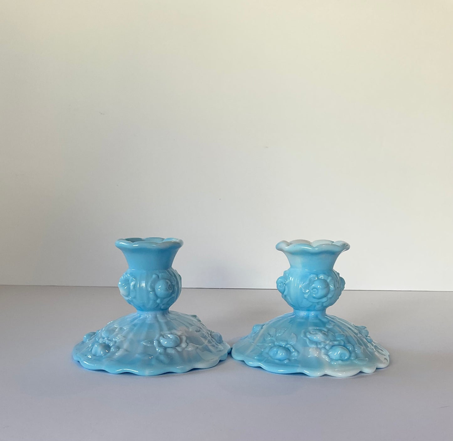 Vintage Fenton Handmade Glossy Marble Blue and White Rose Candle Sticks, Pair of 2