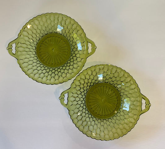 Indiana Glass Avocado Green Honeycomb Two Handled Relish, Candy Dish Serving Bowl