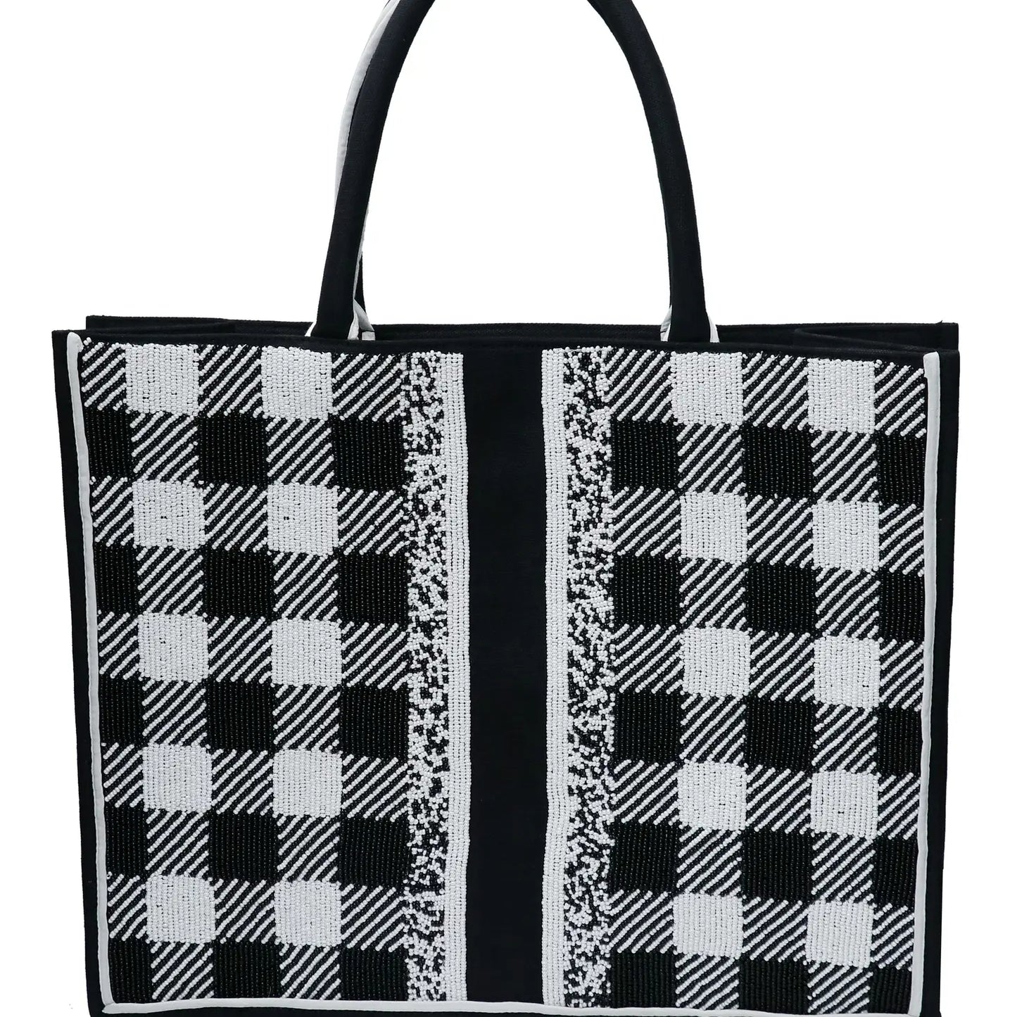 Buffalo Plaid on Black Large Beaded Tote