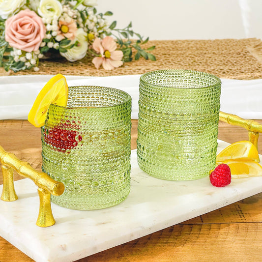 Sage Green Old Fashion Drinking Glasses, 10 oz. Textured Beaded