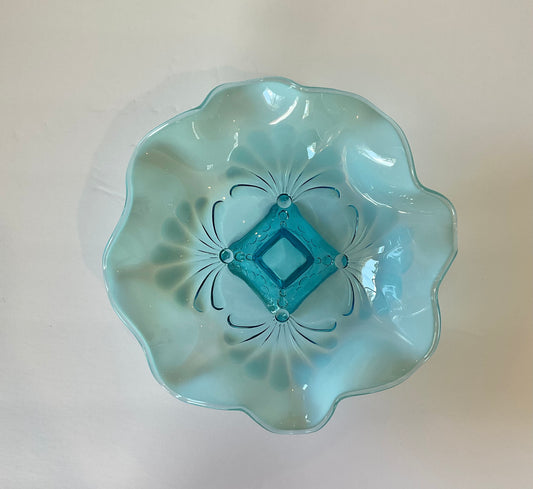 Vintage Jefferson Glass Beaded Fans Blue Opalescent 8" Round Crimped Pedestal Bowl