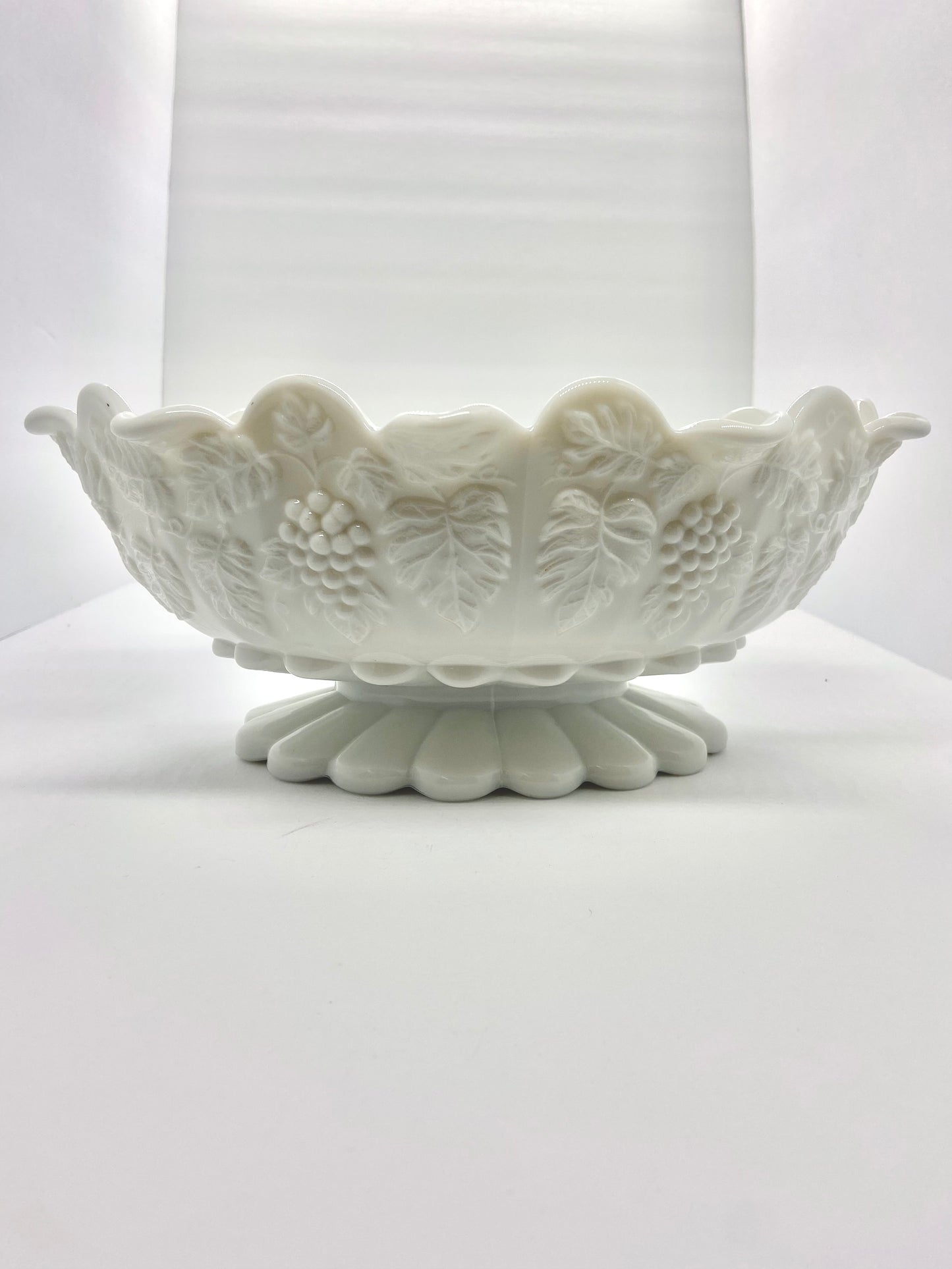 Vintage Oval Westmoreland Scalloped Footed Paneled Grape Milk Glass Bowl