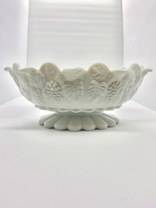 Vintage Oval Westmoreland Scalloped Footed Paneled Grape Milk Glass Bowl