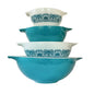 Vintage Pyrex Horizon Four Piece Bowl Set 441, 442, 443, 444, Cinderella Shape Alternating Blue and White