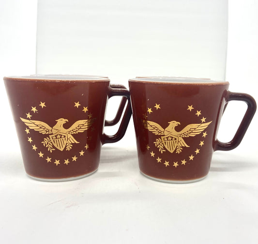 Vintage Pyrex Federal Eagle Brown Goldleaf Diagonal Handle Mugs, Set of 4