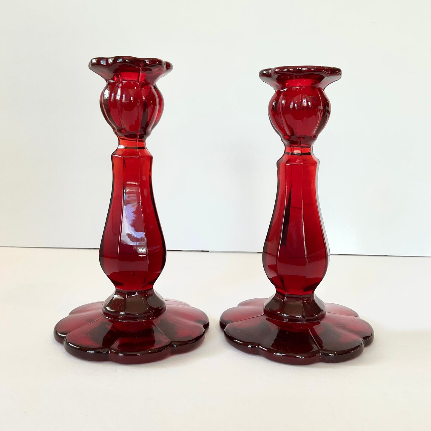 Pair of Mosser Glass 8" Candlesticks in Red