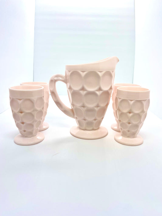 Vintage 1950s Pink Jeanette Milk Glass Thumbprint Pitcher & 4 Juice Glasses