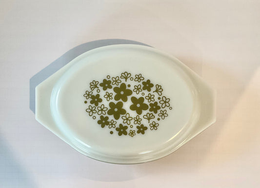 Vintage Pyrex 063 Split Casserole Dish With Lid, Green Spring Blossom with Spring Blossom Lid