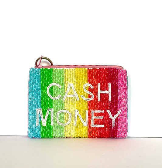 Handmade Beaded Coin Purse CASH MONEY rainbow stripes