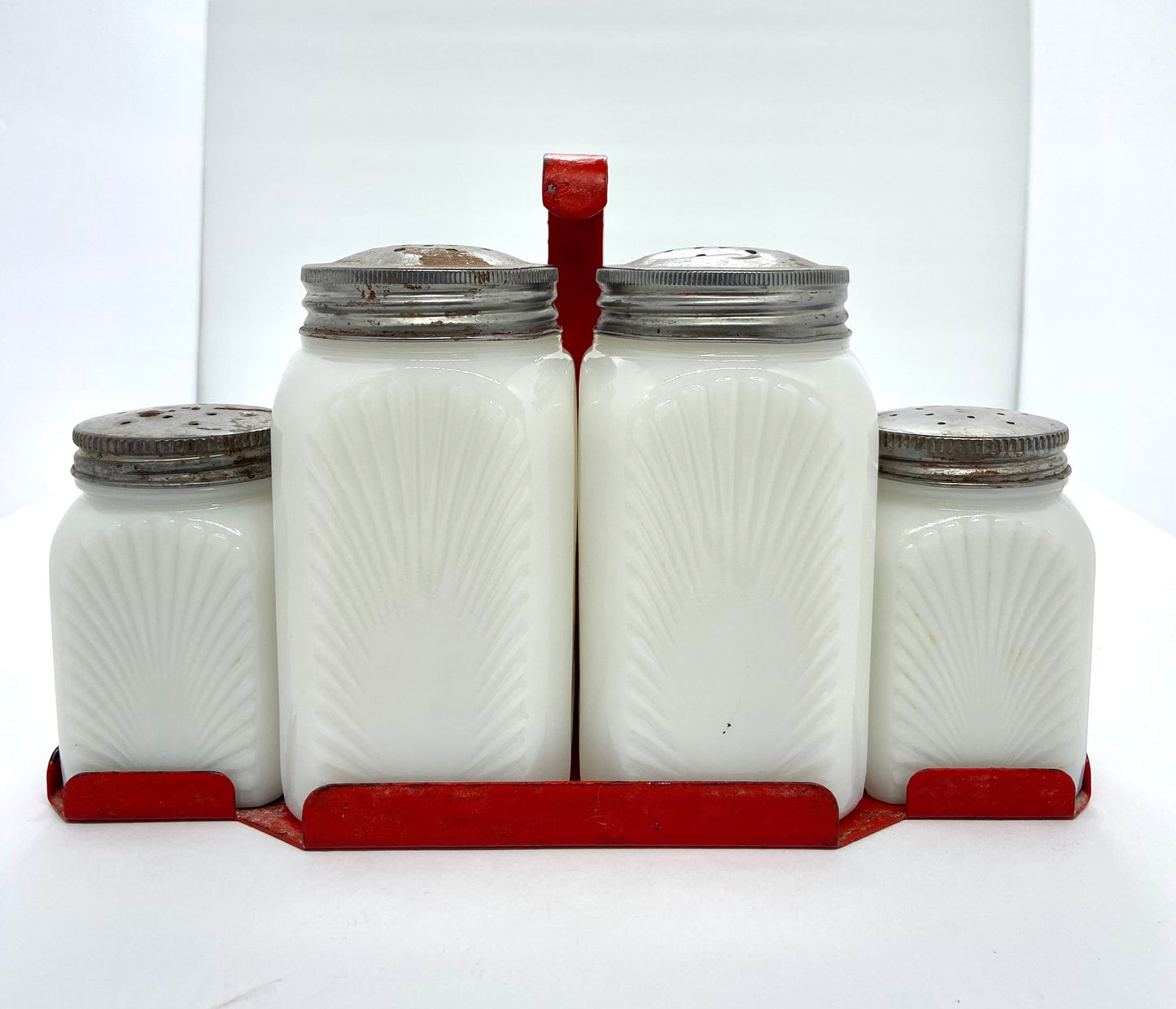 Rare Set of 4 Milk Glass Spice Jars with Salt & Pepper Shakers in Hangable Red Candy