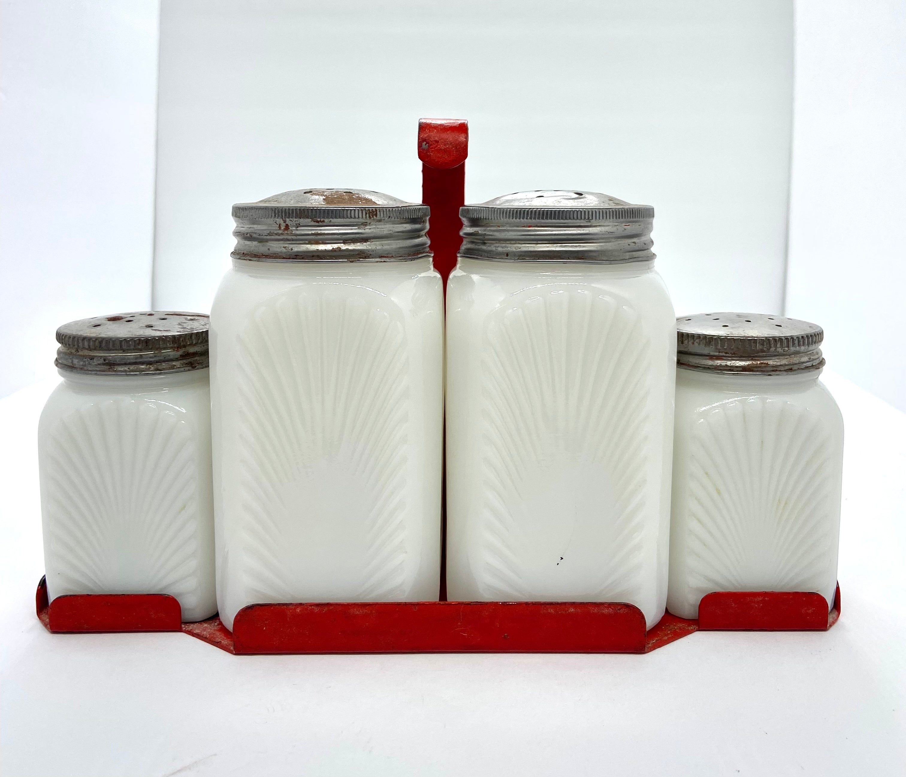 Rare Set of 4 Milk Glass Spice Jars with Salt & Pepper Shakers in Hang –  The Cupboard Shop NJ