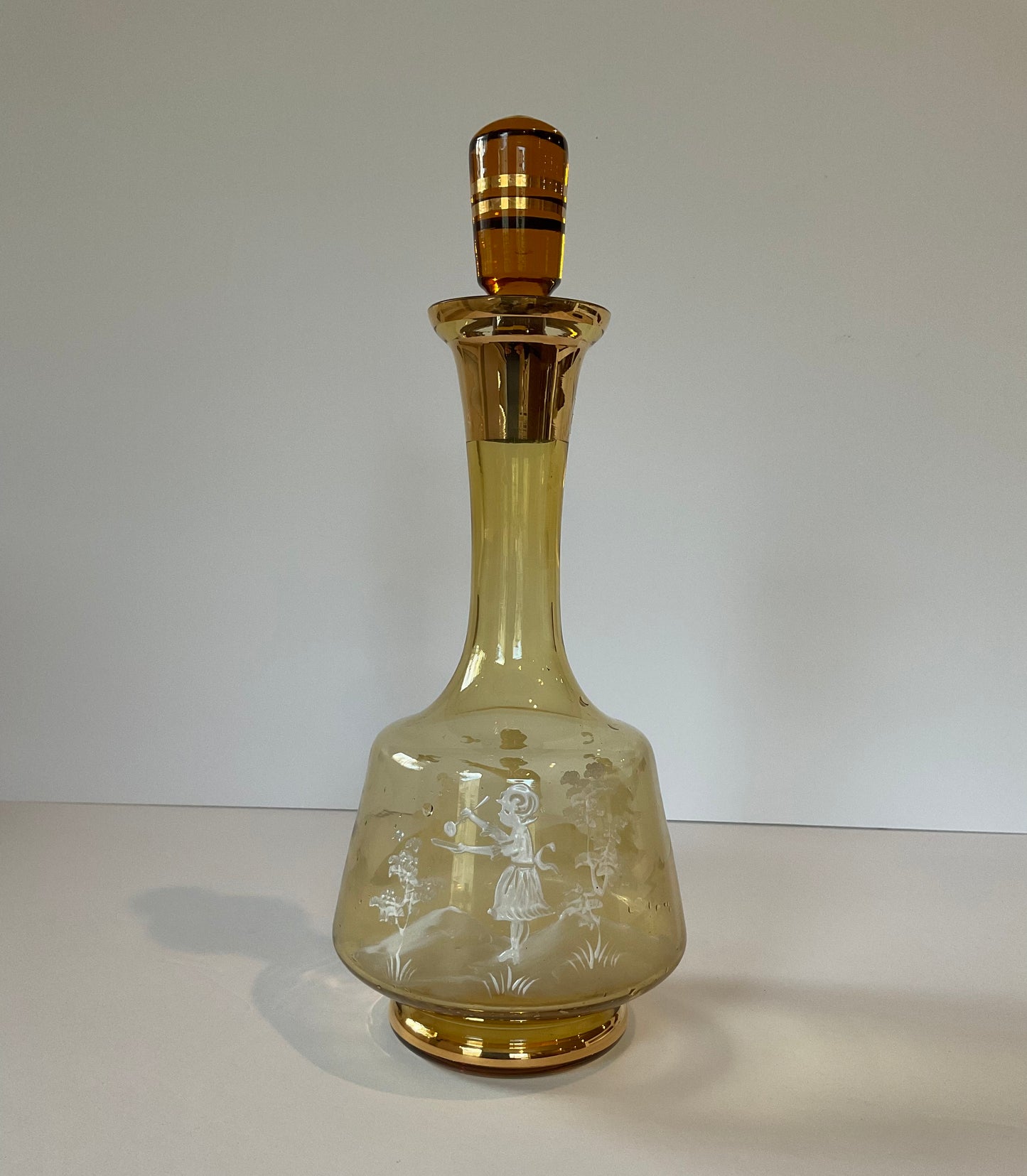 Vintage 1970 Amber Decanter Mary Gregory Style Etched Boy in White
