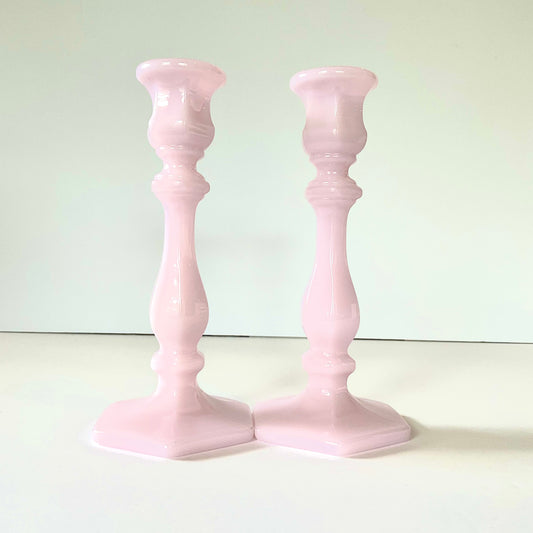 Pair of Mosser Glass 7 1/2" Candlesticks in Crown Tuscan