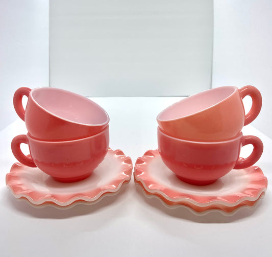 Vintage Hazel Atlas Ripple Crinoline Pink Set of 4 Cups & Saucers