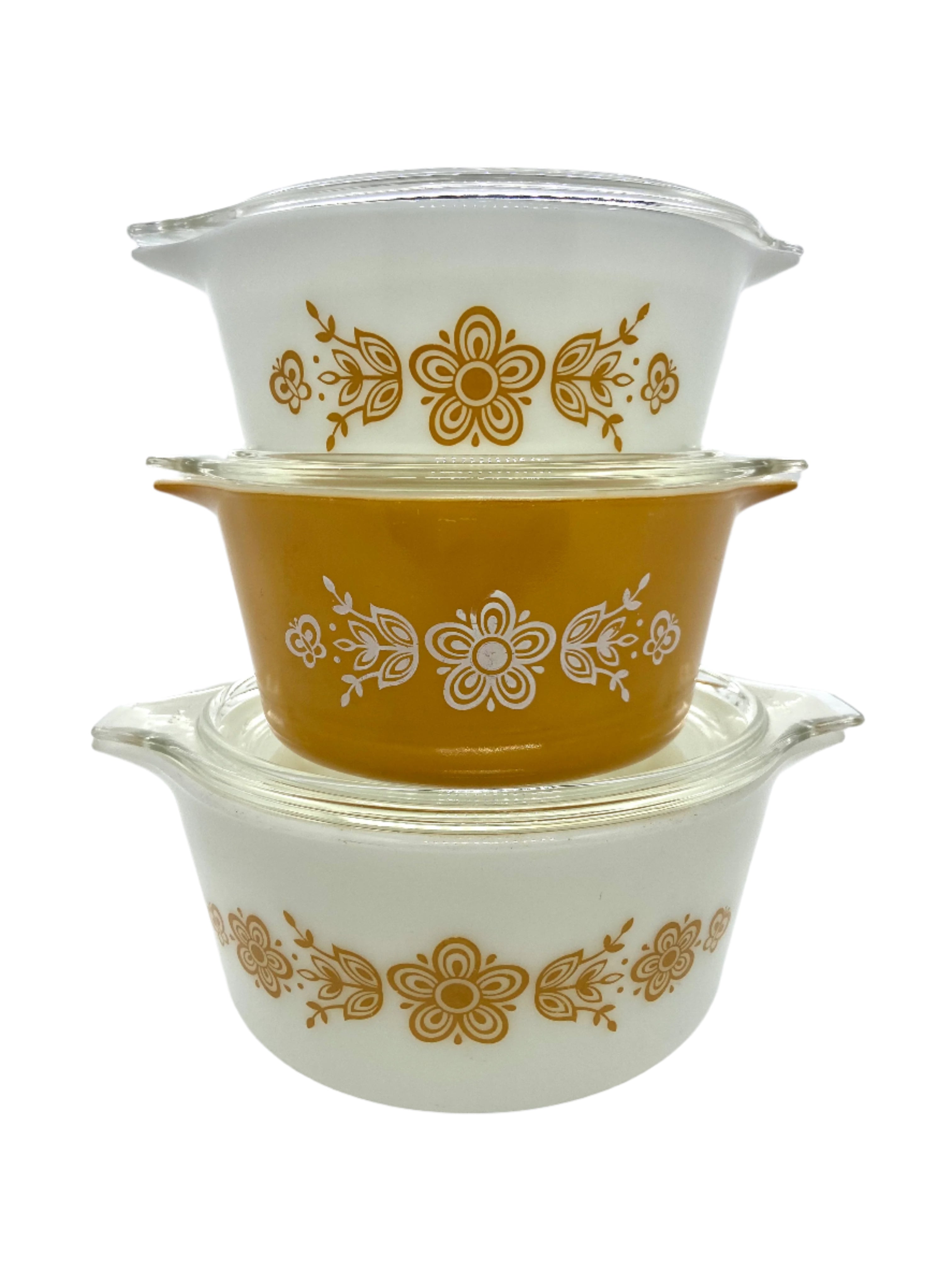 3 Pyrex good Butterfly Gold Cinderella & Casserole Dishes