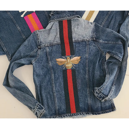 3D Bee & Green/ Red Stripe Denim Jacket