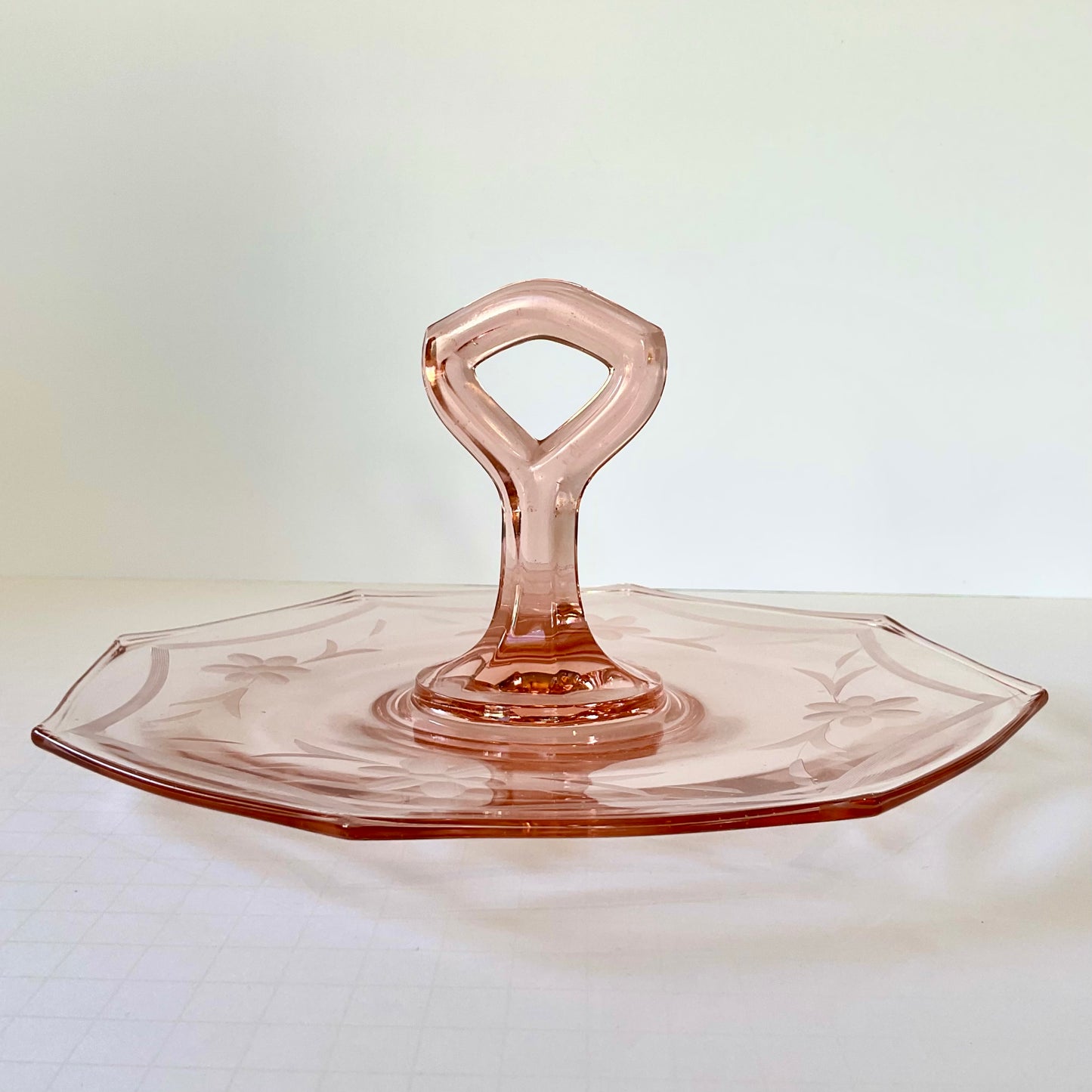 Vintage Octagonal Pink Etched Depression Glass with Center Handle