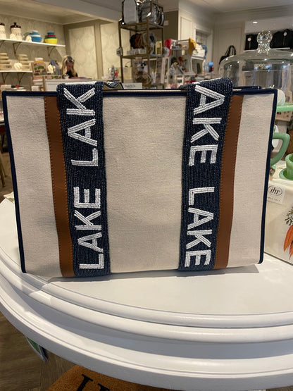 Custom Beaded Lake Canvas Bag - Navy