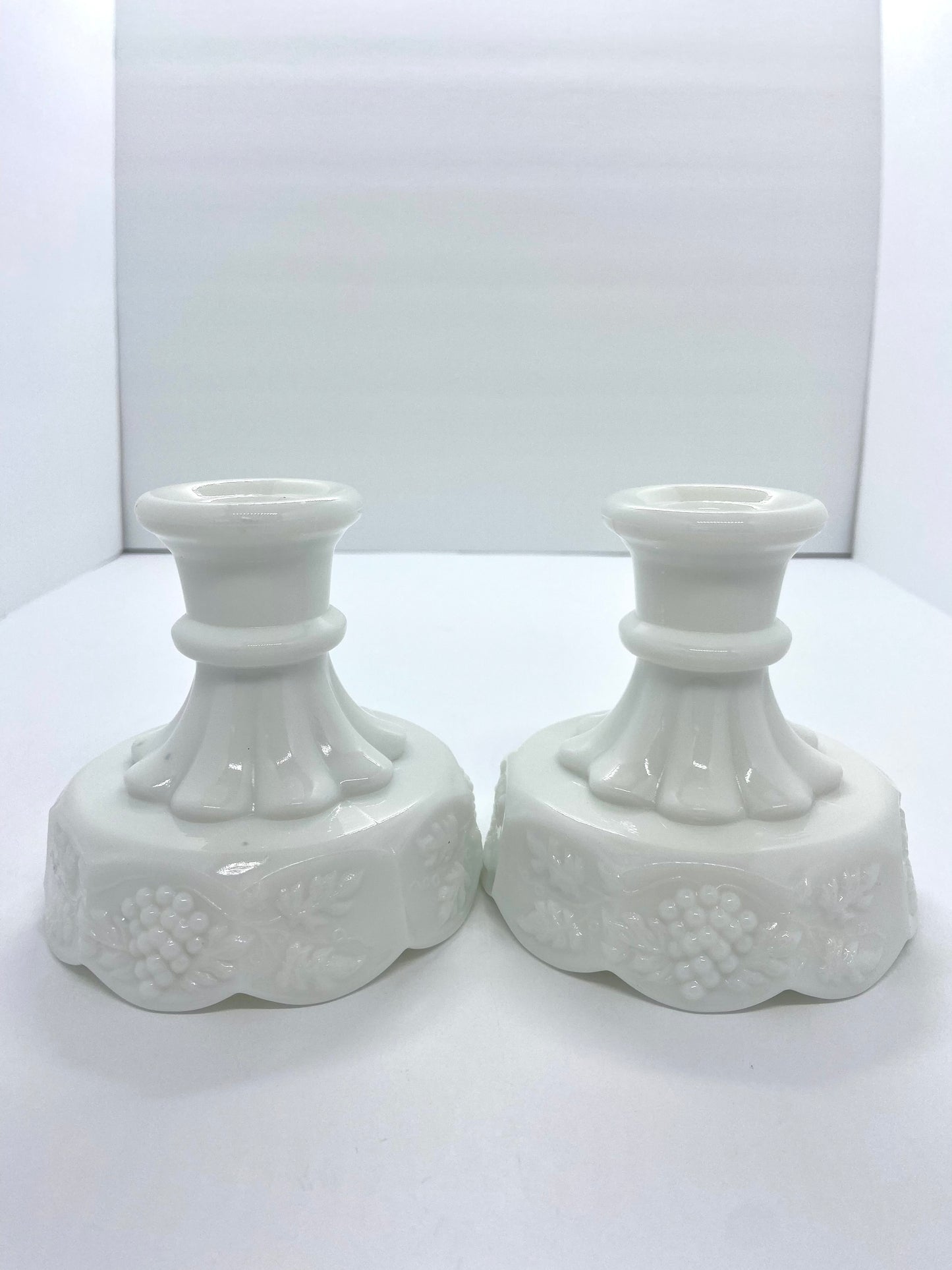 Vintage Set of 2 Westmoreland Milk Glass Grape Pattern Candle Stick Holders