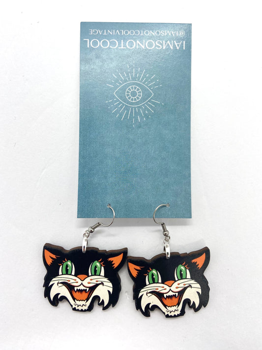 Black Cat Halloween Earrings - Green Eyes