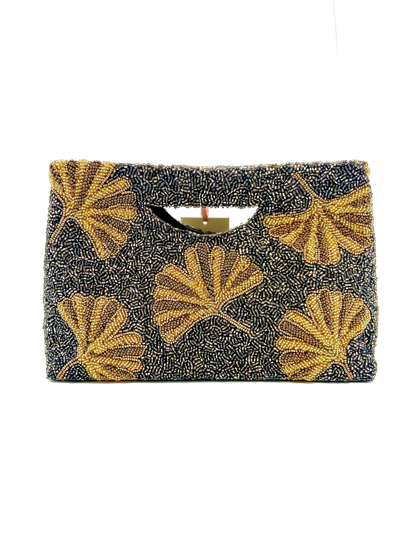 Grey /Gold Fan Beaded Handle Clutch