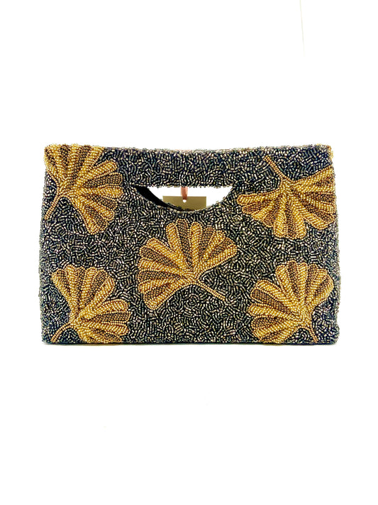 Grey /Gold Fan Beaded Handle Clutch