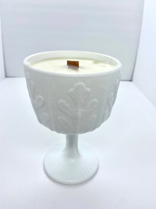 Vintage FTD Milk Glass Pedestal w/ Oak Leaf Pattern w/ 16oz of Art Class Candle