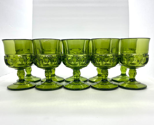 Vintage Indiana Glass Colony Crown Thumbprint Green Liqueur or Small Wine Glasses