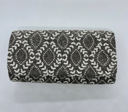 Pewter & Ivory Medium Structured Clutch W/ Silver Strap