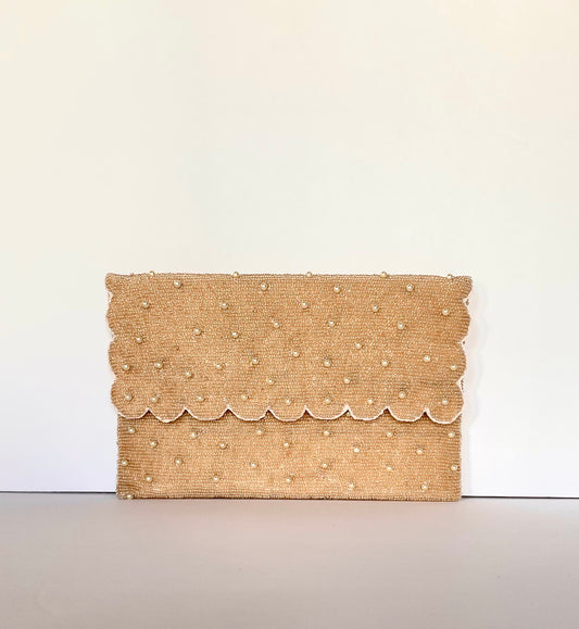Handmade Beaded Gold Scalloped Clutch With Pearls