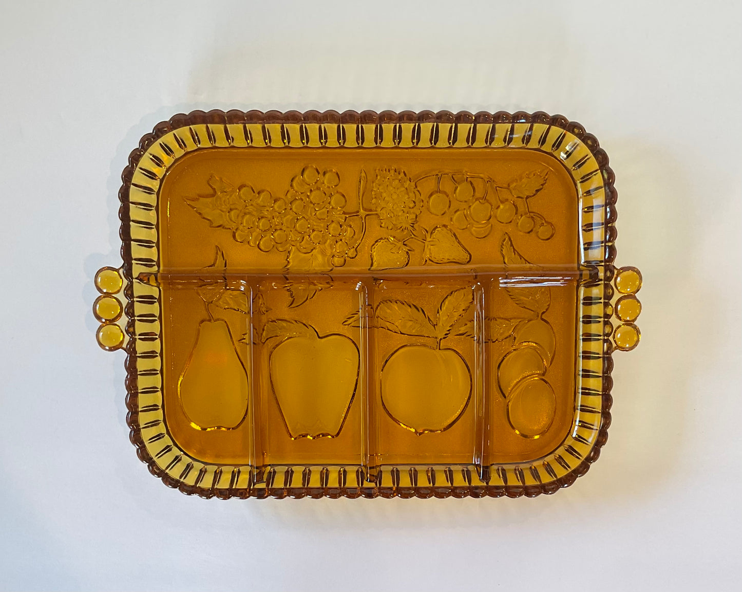 Vintage Indiana Amber Glass, Divide Fruit Embossed, Party Relish Tray