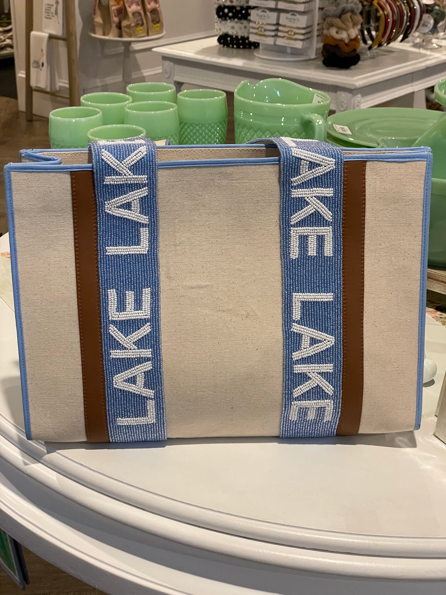 Custom Beaded Lake Canvas Bag - Light Blue