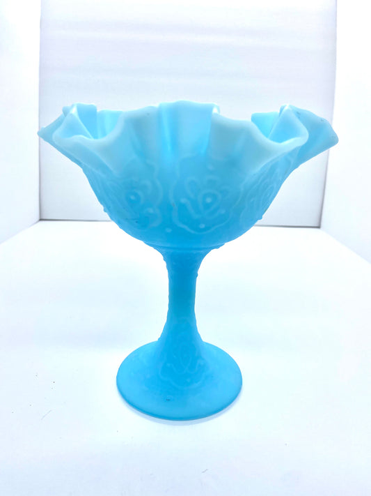 Vintage Fenton Ruffled Persian Medallion Blue Satin Milk Glass Footed Compote