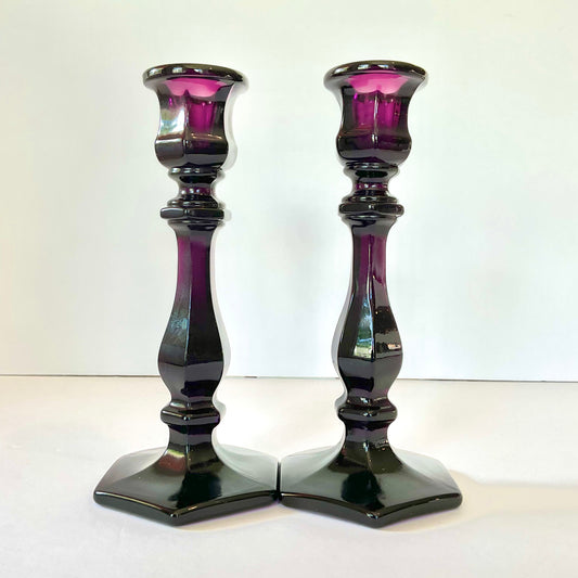 Pair of Mosser Glass 7 1/2" Candlesticks in Amethyst