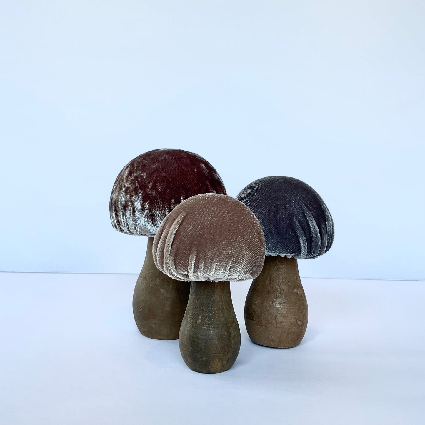Set of 3 Handmade Velvet Mushrooms, Quartz